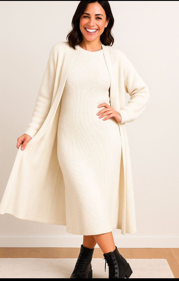  in maglia abito lungo e cardigan donna 
Completo in maglia abito lungo e cardigan 
autunno inverno 2025 2026