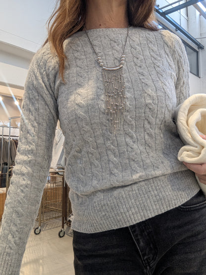 Maglione Donna, Slim Fit, Treccia, Scollo a Barca, Grigio Melange).