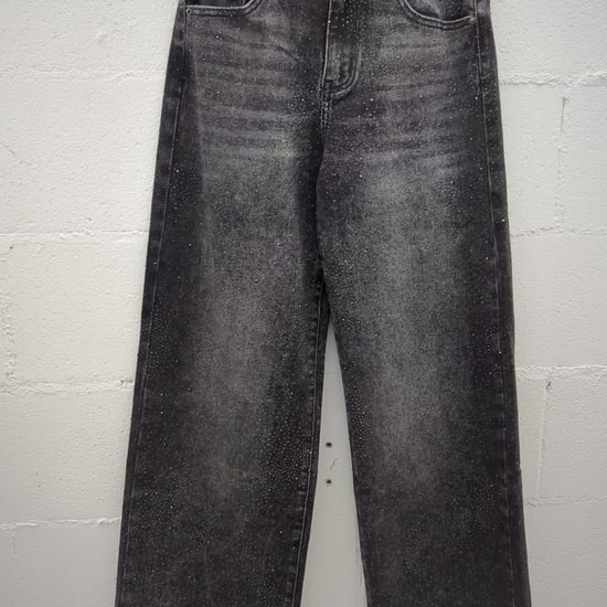 Jeans donna a vita alta con punti luce all-over, gamba dritta ampia, lavaggio black stone – vista frontale